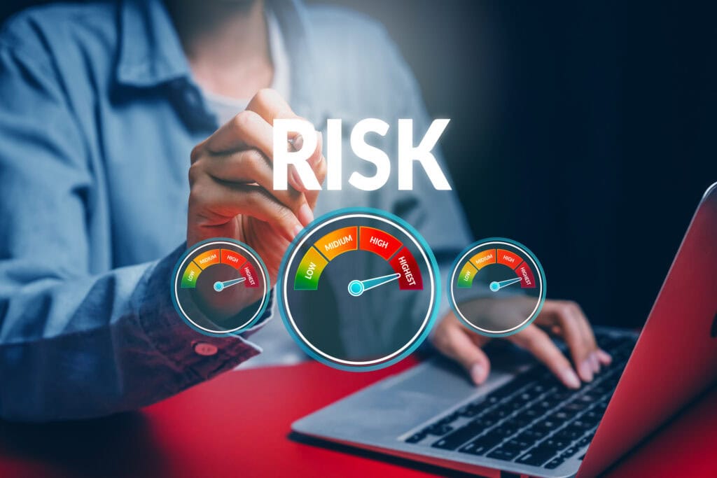 High-risk inventory management concept with risk gauges and digital analytics for enterprise manufacturing.