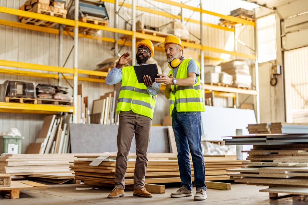 1. Two engineers in safety vests discussing inventory in a warehouse.