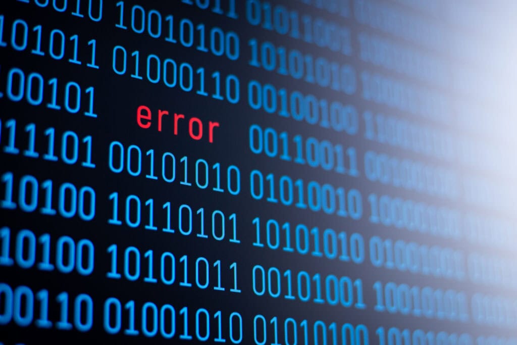 Errormessage, digital error alert on binary code background, representing data issues in enterprise IT systems, related to inventory management errors.