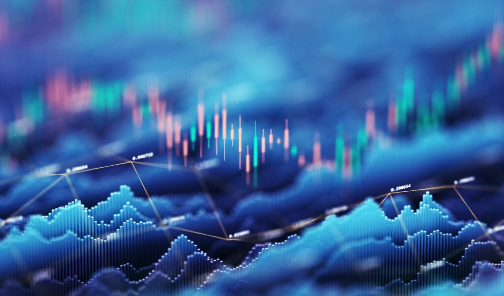 AI data analytics visualization with vibrant stock chart and trend lines.