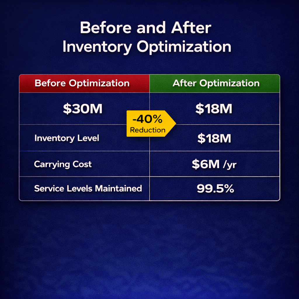 Table comparing inventory levels before and after optimization.