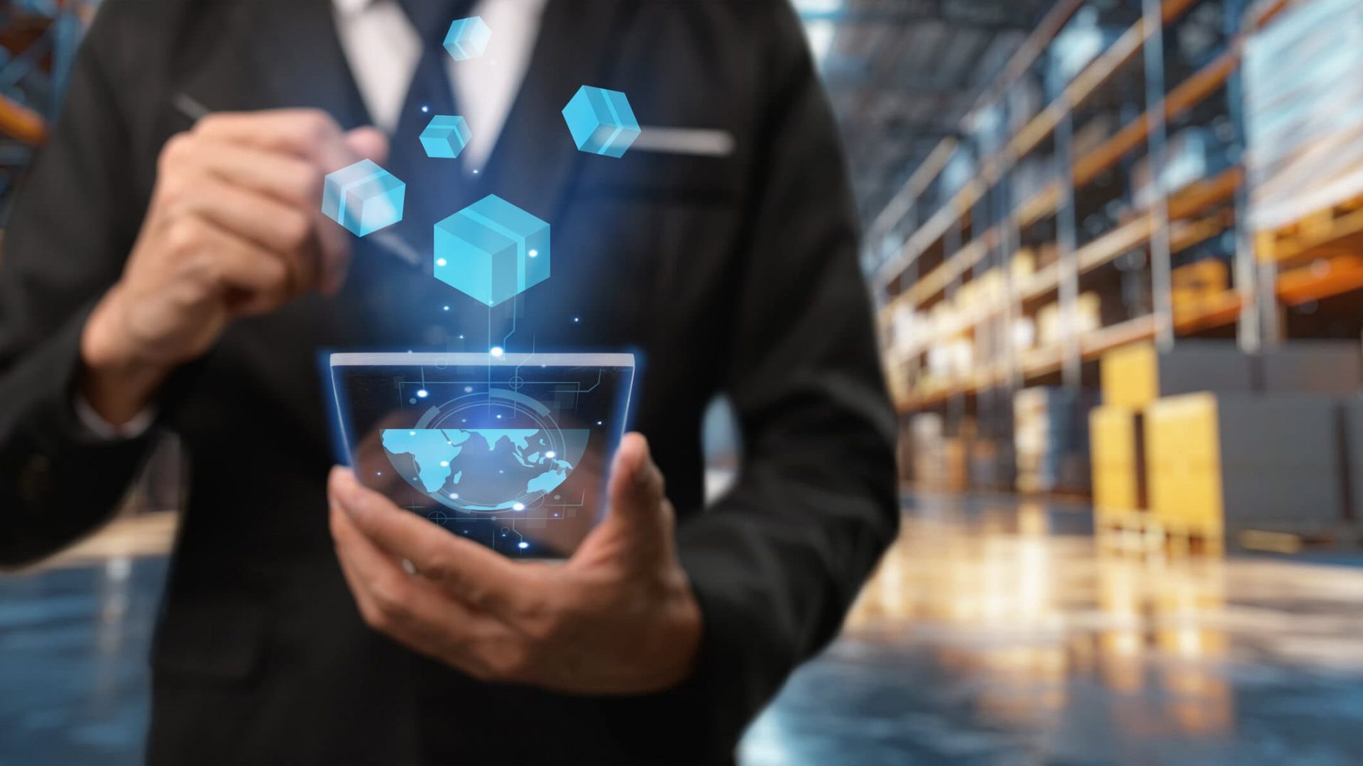 Digital inventory management with holographic data visualization in a warehouse environment.