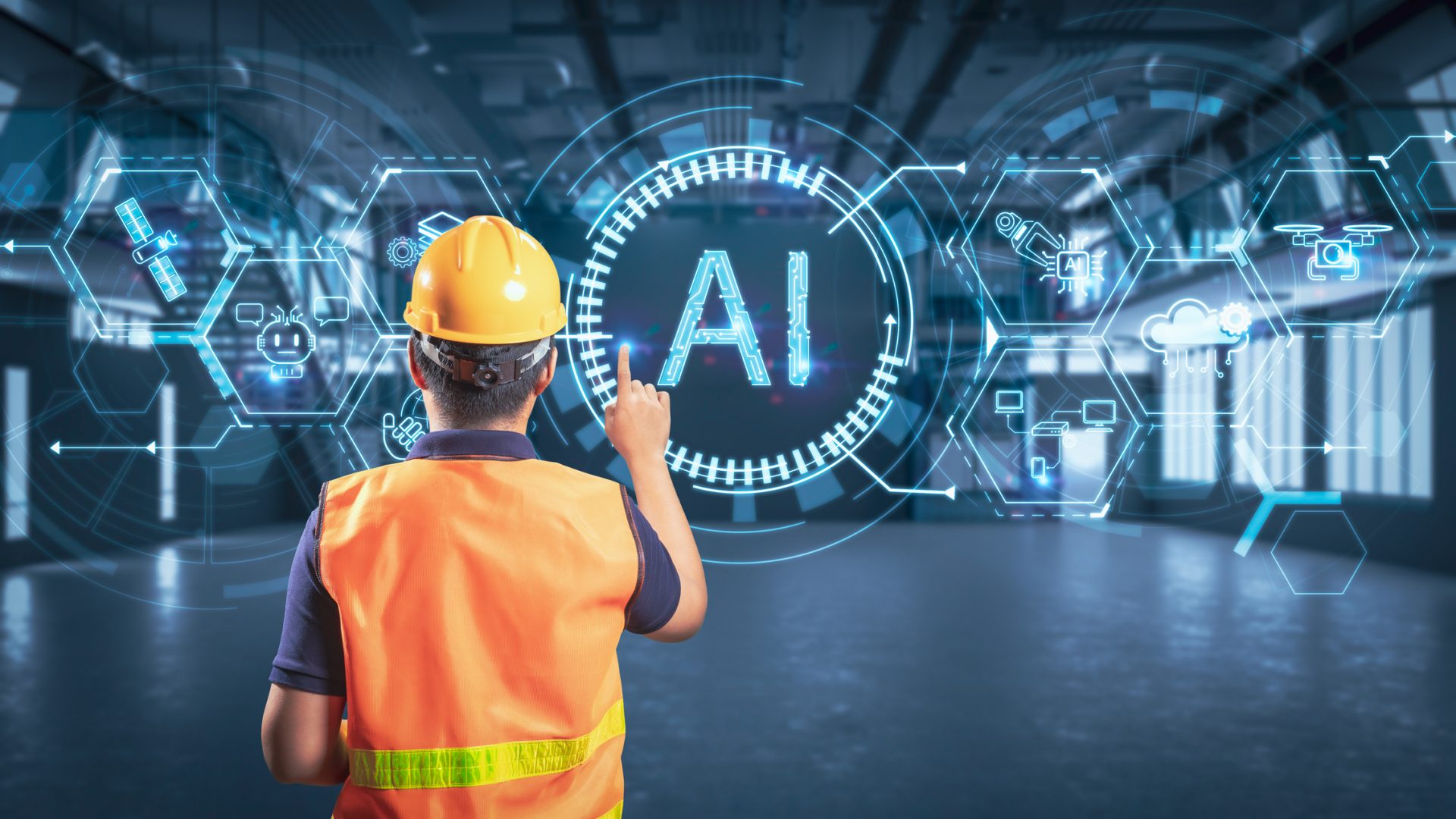 Worker or engineer work with ai in factory Worker or engineer work with ai with graphic display in factory