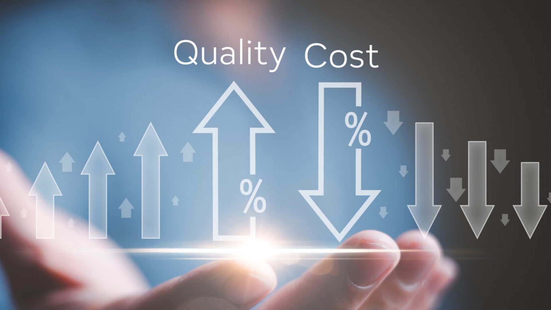 Cost and quality control concept. Businessman hold cost and quality icons to improve efficiency of quality control and company cost reduction strategy management.