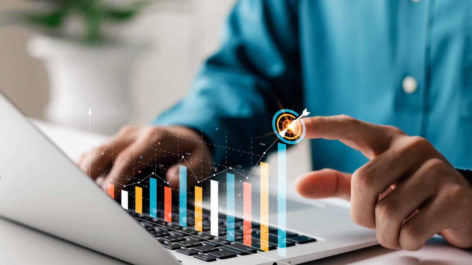 Businessman analyzing company's financial balance sheet working with digital augmented reality graphics. Businessman calculates financial data for long-term investment.