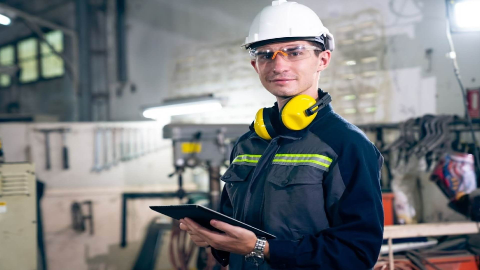 Man wearing a white hard hat and a jacket Man wearing a white hard hat and a jacket