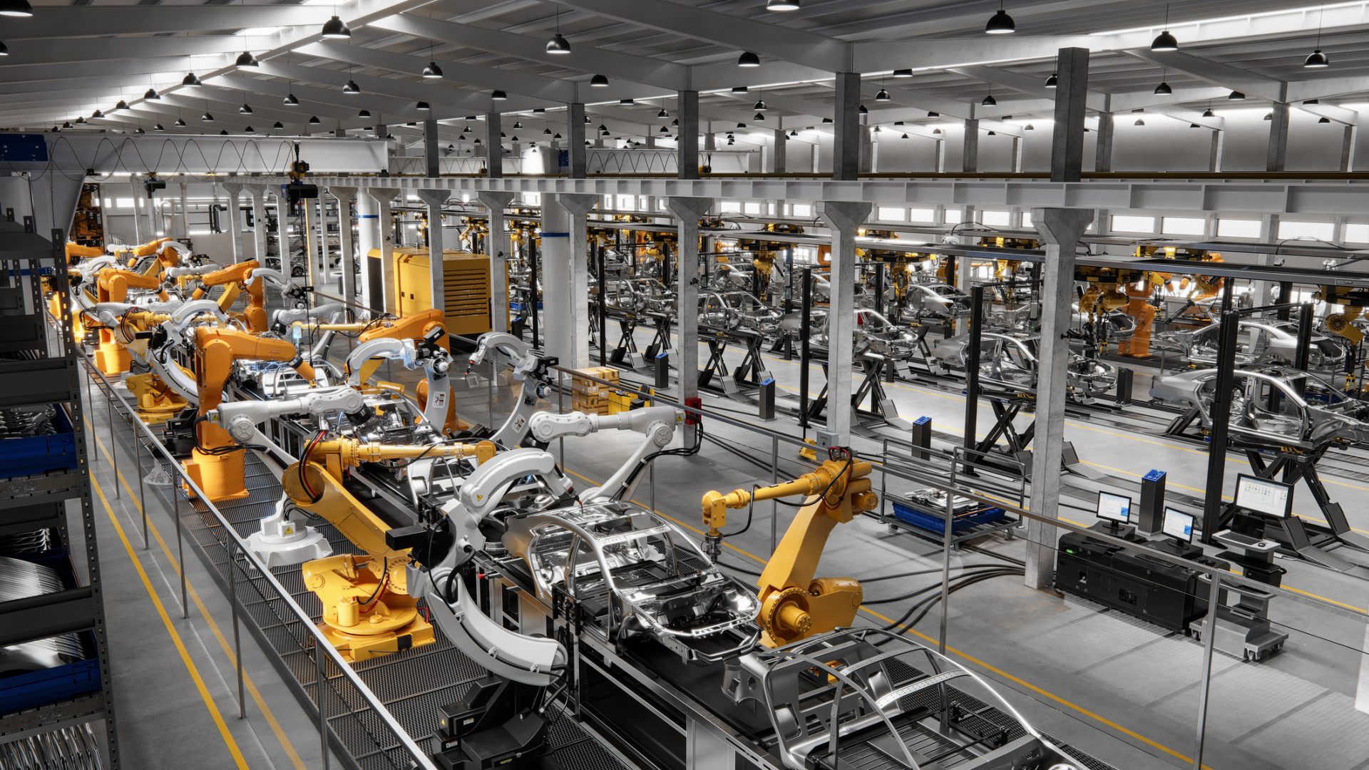 High angle view of cars on production line in factory. Many robottic arms doing welding on car metal body in manufacturing plant. Image in 3D render.