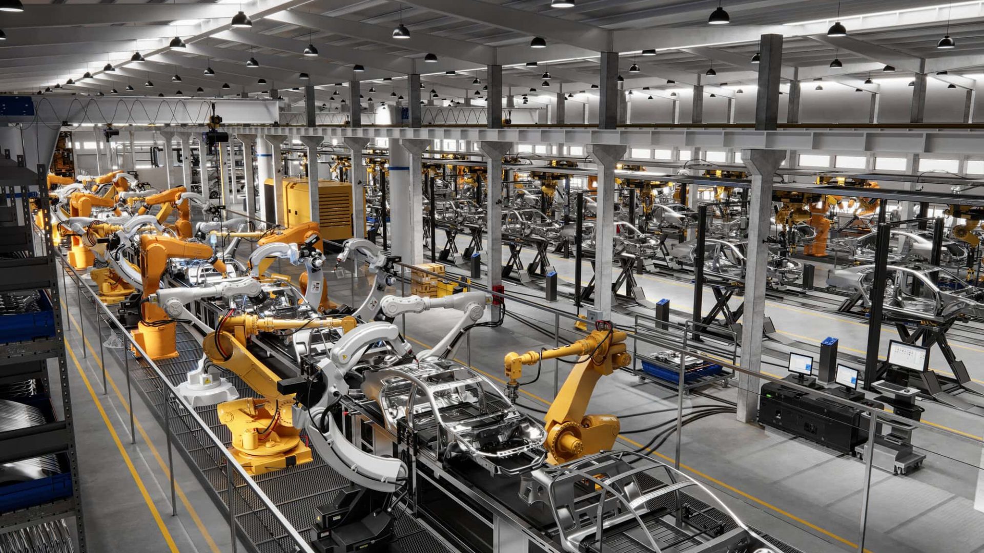 High angle view of cars on production line in factory. Many robottic arms doing welding on car metal body in manufacturing plant. Image in 3D render.