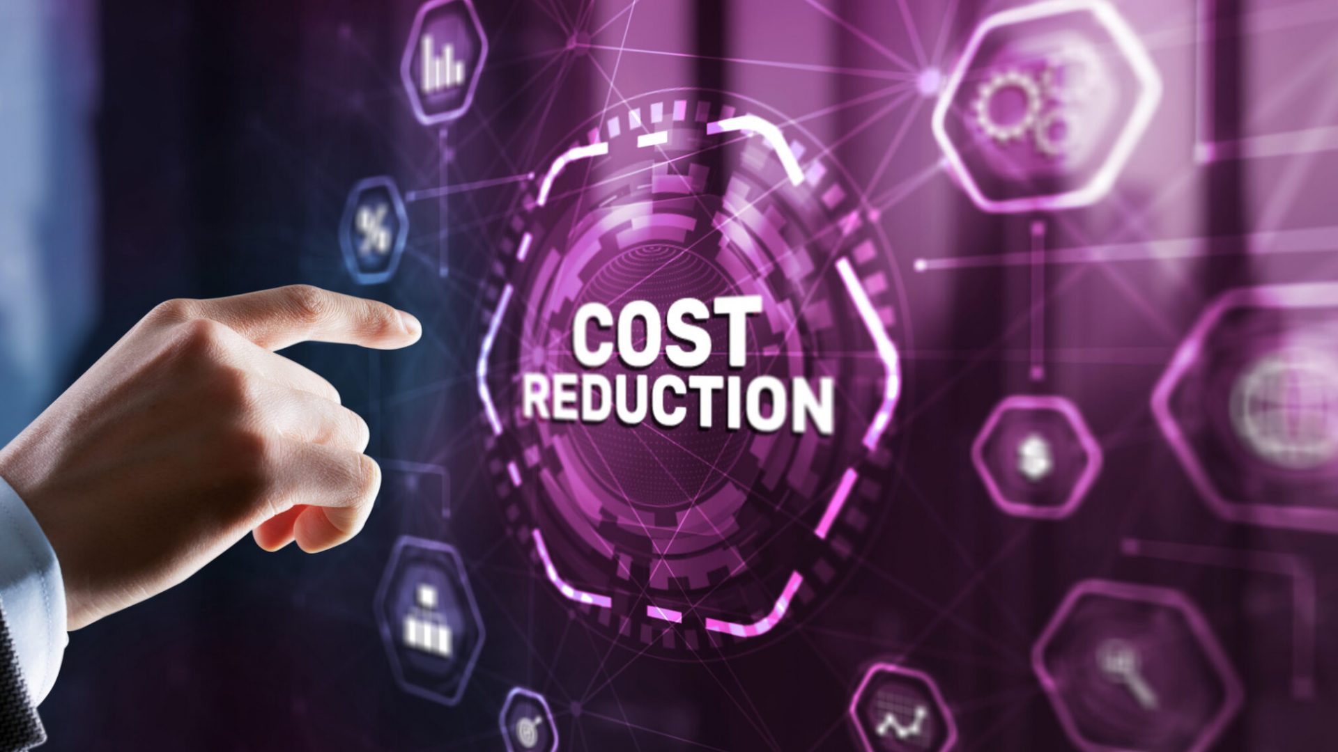 Cost reduction business finance concept. Businessman clicks virtual screen Cost reduction business finance concept. Businessman clicks virtual screen.