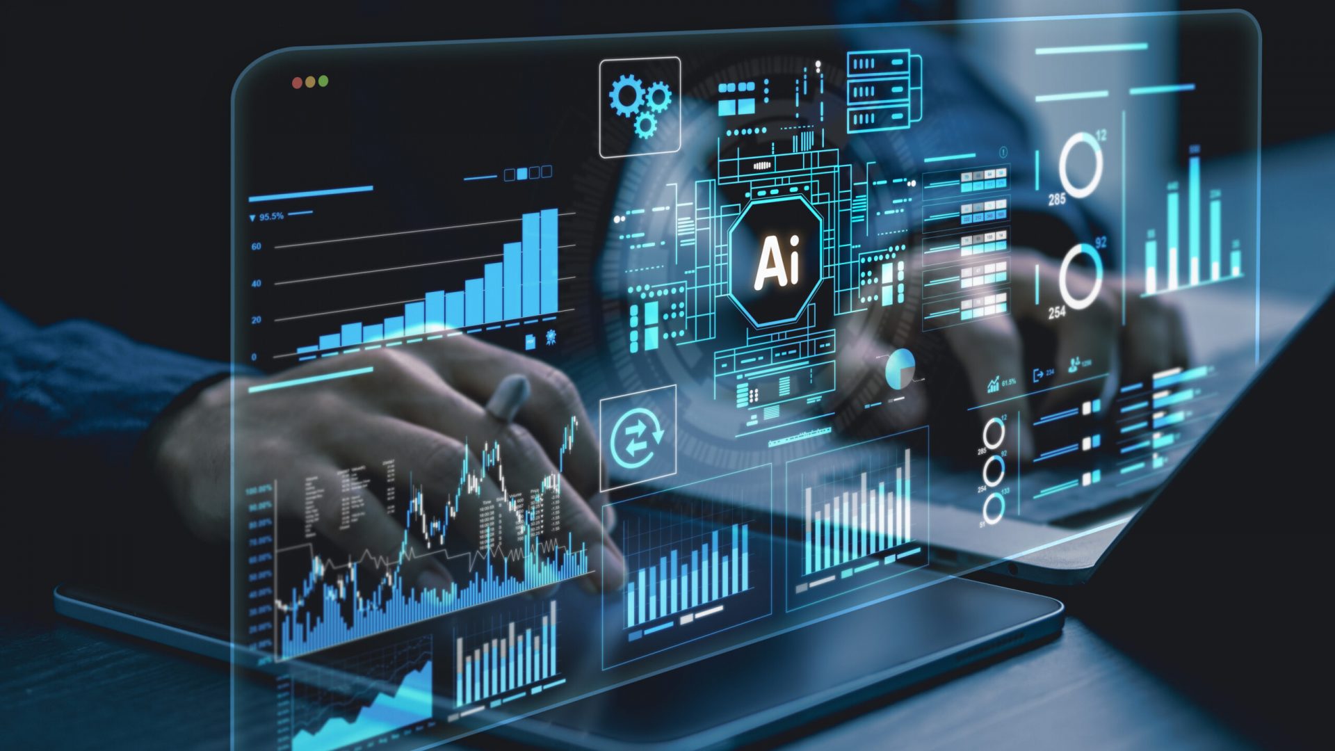 AI, data analysis. Business people use AI to analyze financial related data. big data Complex performance measurement With modern innovative technology