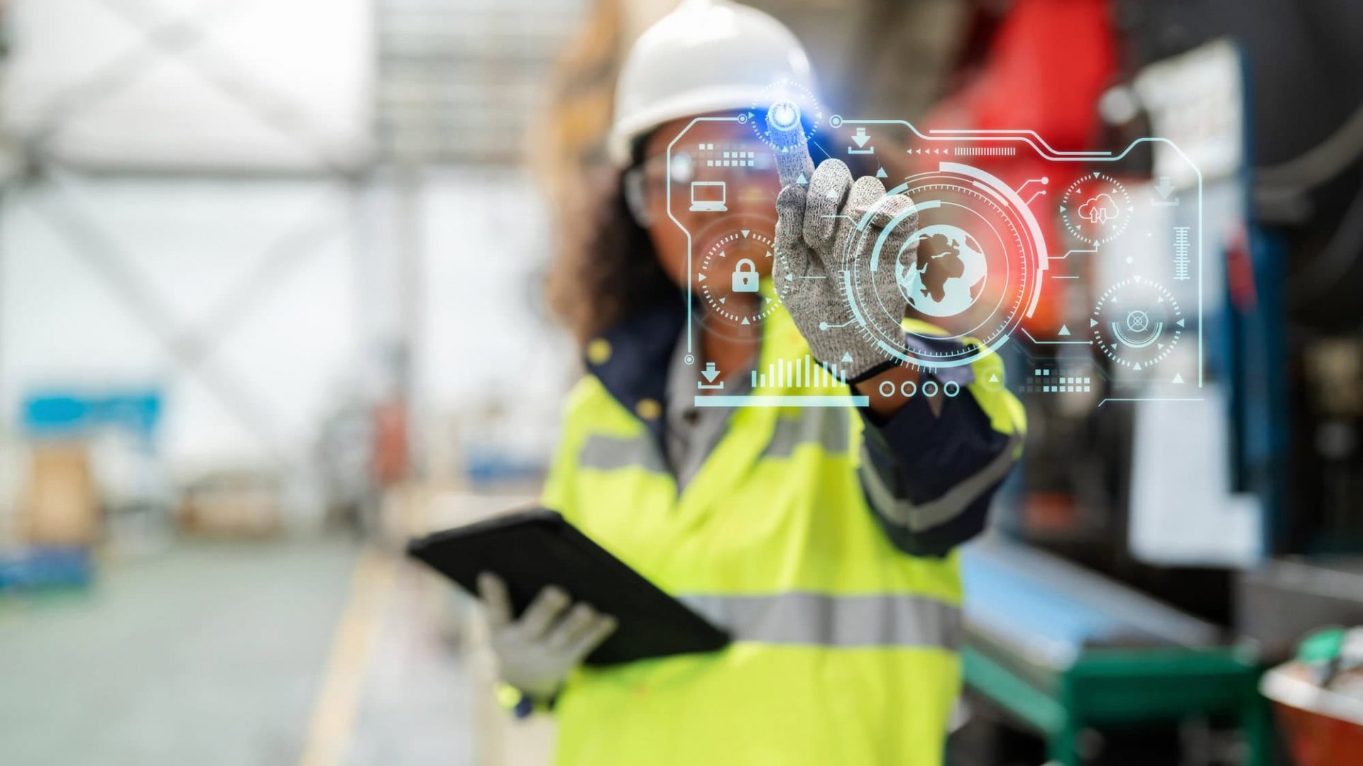 AI-driven industrial worker using digital interface for inventory management in a warehouse.