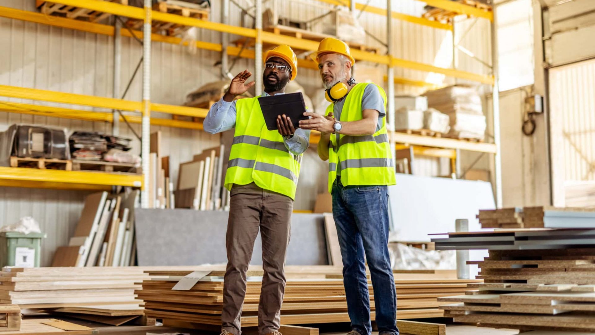 1. Two engineers in safety vests discussing inventory in a warehouse.