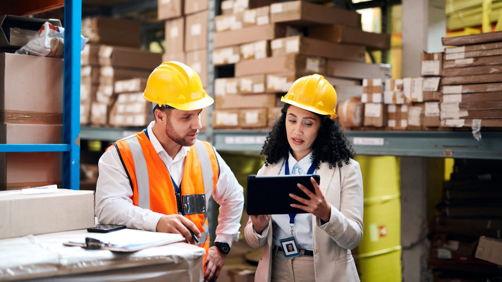 Warehouse, tablet and people teamwork for storage, inventory and supply chain management for b2b distribution. Factory, Industry partner or worker on digital technology, software and logistics boxes Suppliers and Industrial Distributors