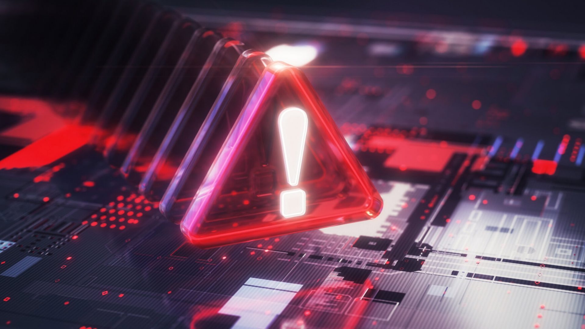 Alert icon on digital circuit board indicating inventory risks or system issues related to MRO management.